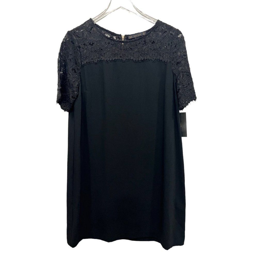 Zara Size XL Black Shift Dress Lace Neck Sleeve Academia LBD Capsule‎